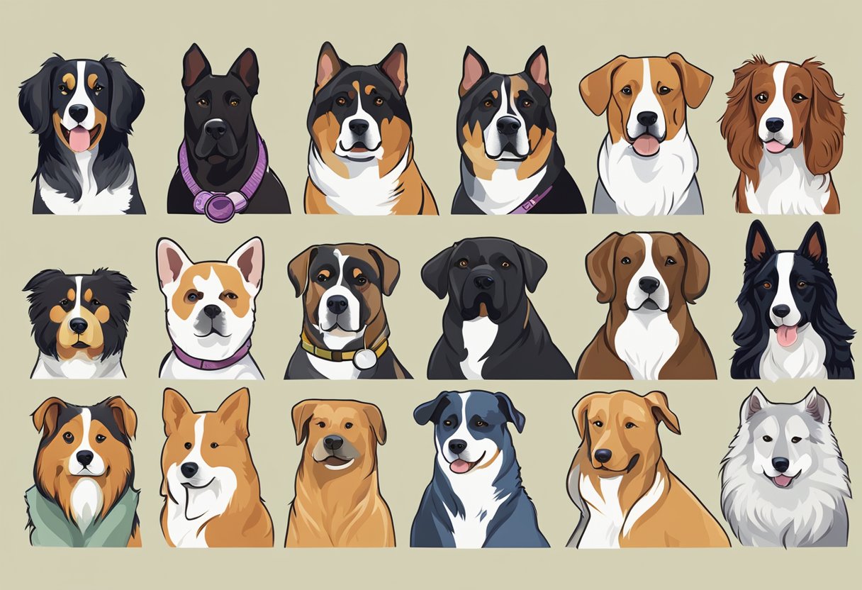A group of unique dog breeds stand proudly, each with a name tag displaying their rare breed-specific names