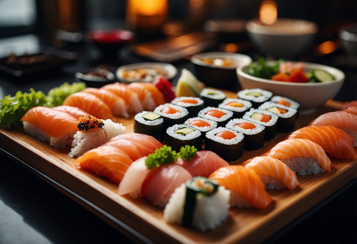 A colorful array of sushi rolls, sashimi, and nigiri spread out on a sleek, modern buffet table in a bustling Singapore restaurant