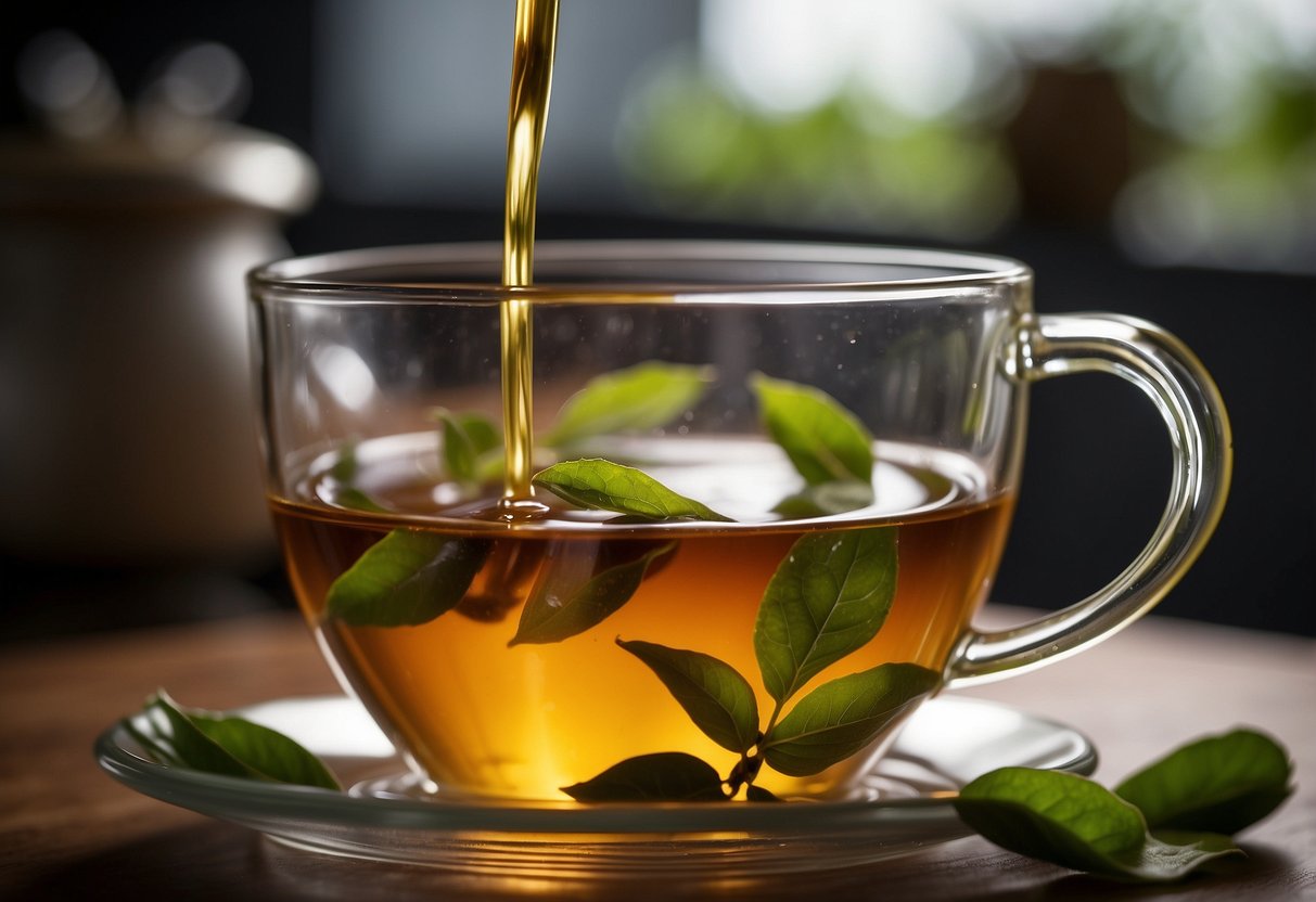 Tea leaves steeping in hot water with added natural sweeteners like honey, fruit, or spices. A gentle steam rises from the cup, enhancing the aroma