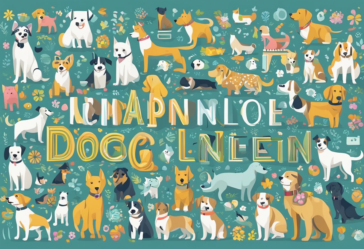 A colorful array of unique dog names displayed on a digital screen, surrounded by modern and trendy design elements