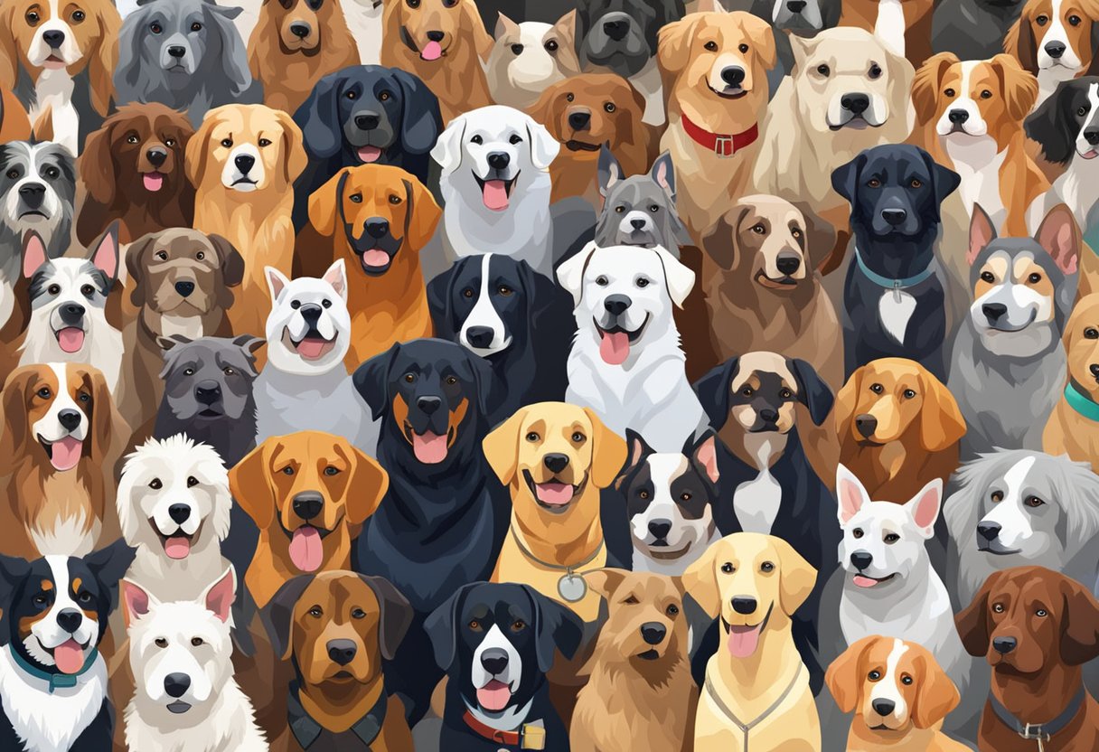 Dogs with unique names stand out in a crowd. A diverse group of rare breeds sit proudly, each with a distinct name tag