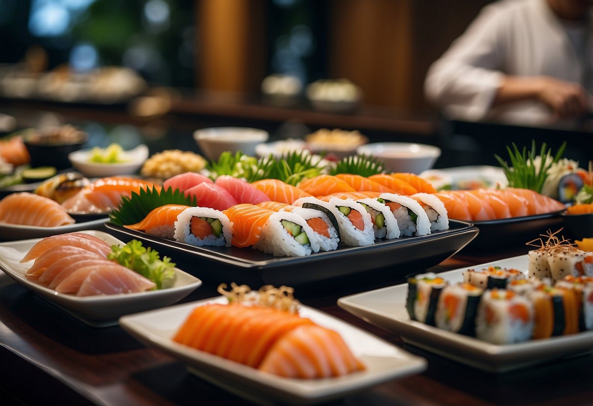 A bustling sushi buffet restaurant in Singapore, with a wide array of fresh sushi and sashimi displayed on a sleek, modern serving counter. Vibrant, colorful plates and elegant chopsticks add to the lively atmosphere
