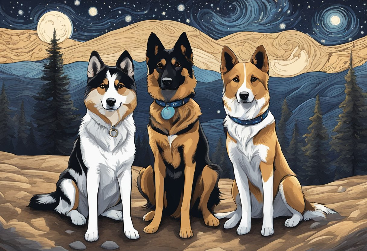 A pack of rare dogs gather under a starry night sky, each with a unique name etched on their collars