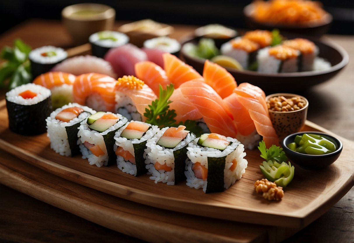 A colorful array of fresh sushi rolls, sashimi, and tempura displayed on wooden platters with decorative chopsticks and dipping sauces