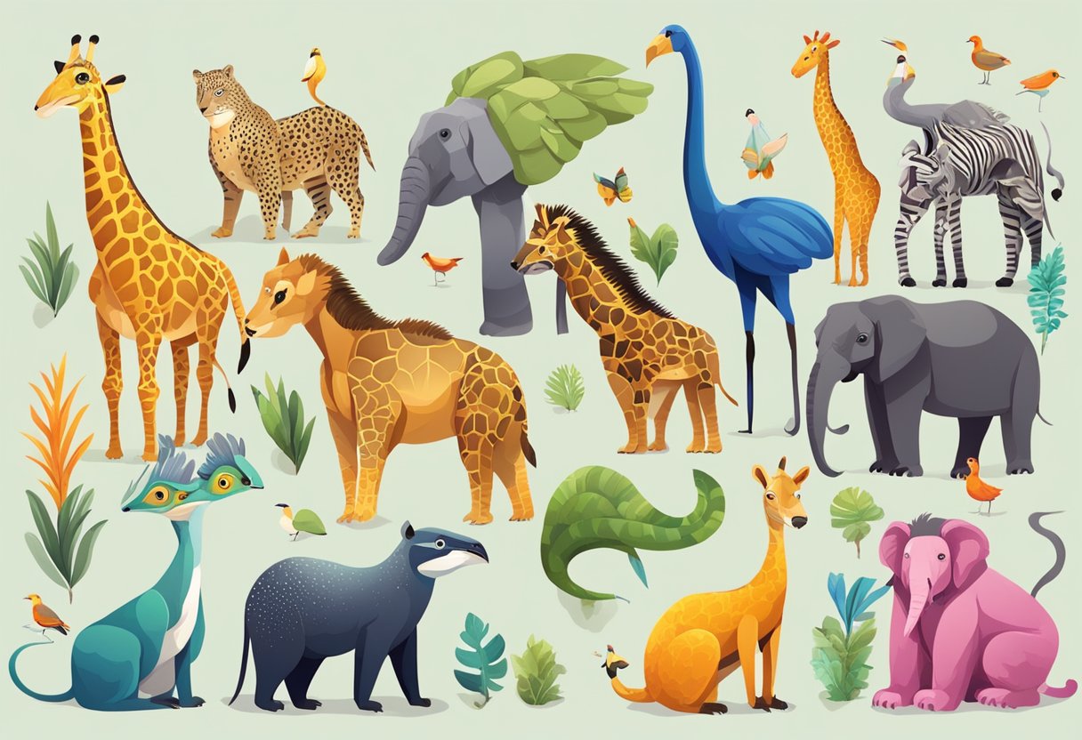 A colorful array of exotic animals with name tags