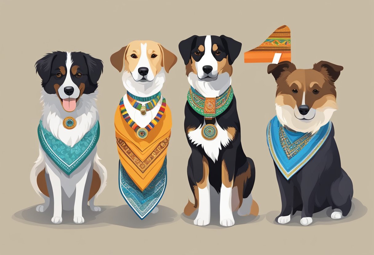 Dogs from different cultures gather, each with a unique name tag. Symbols of cultural significance adorn the tags, reflecting the diversity of exotic dog names