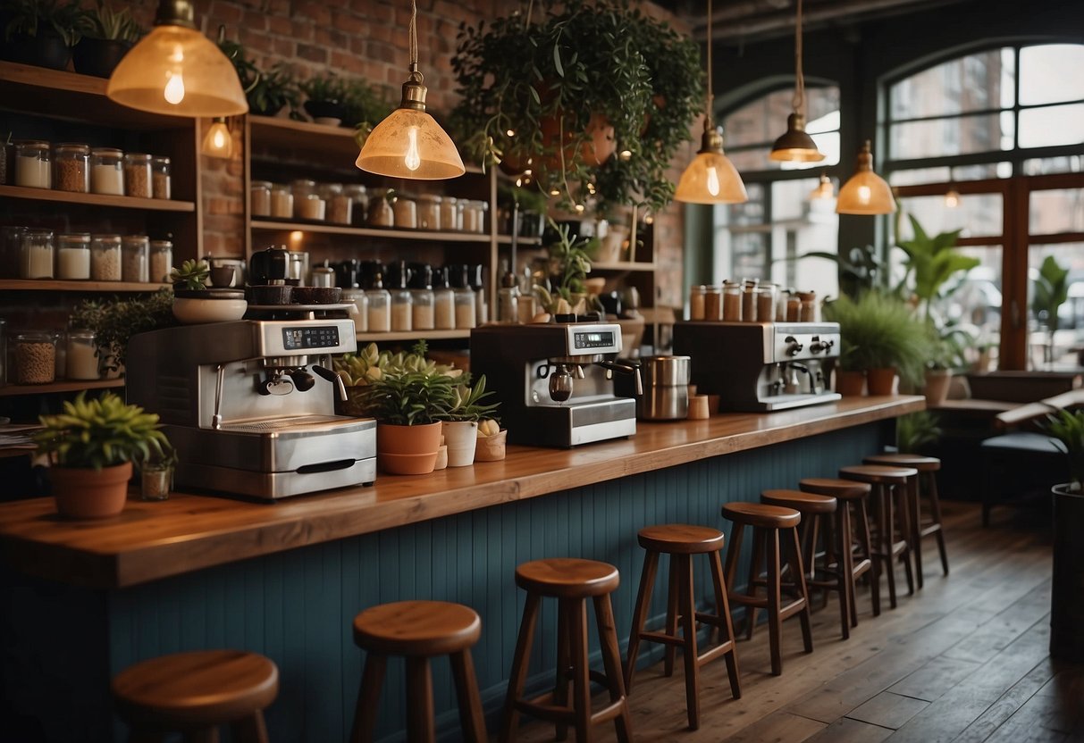 A cozy cafe with wooden tables, potted plants, and hanging lights. A counter with a vintage espresso machine and shelves of tea canisters
