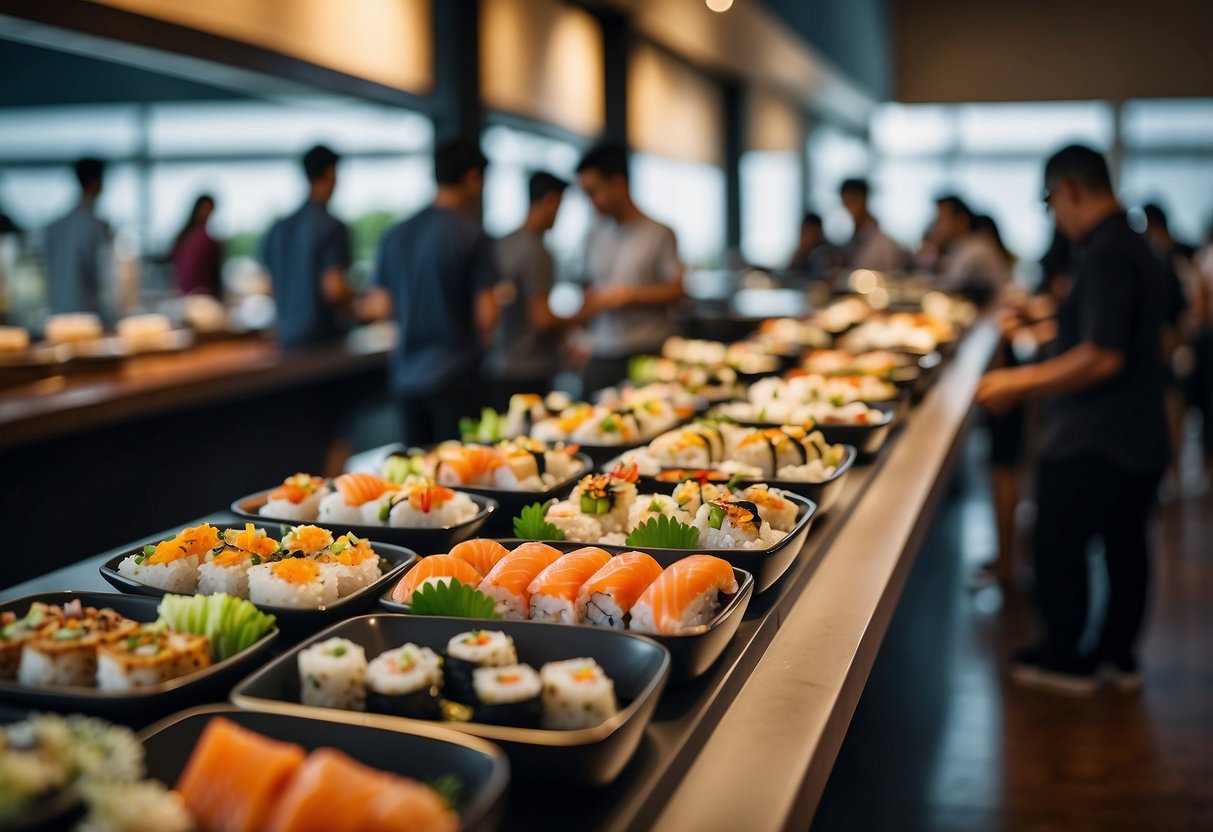 A bustling sushi buffet in Singapore, with colorful dishes and eager customers lining up for their favorite rolls