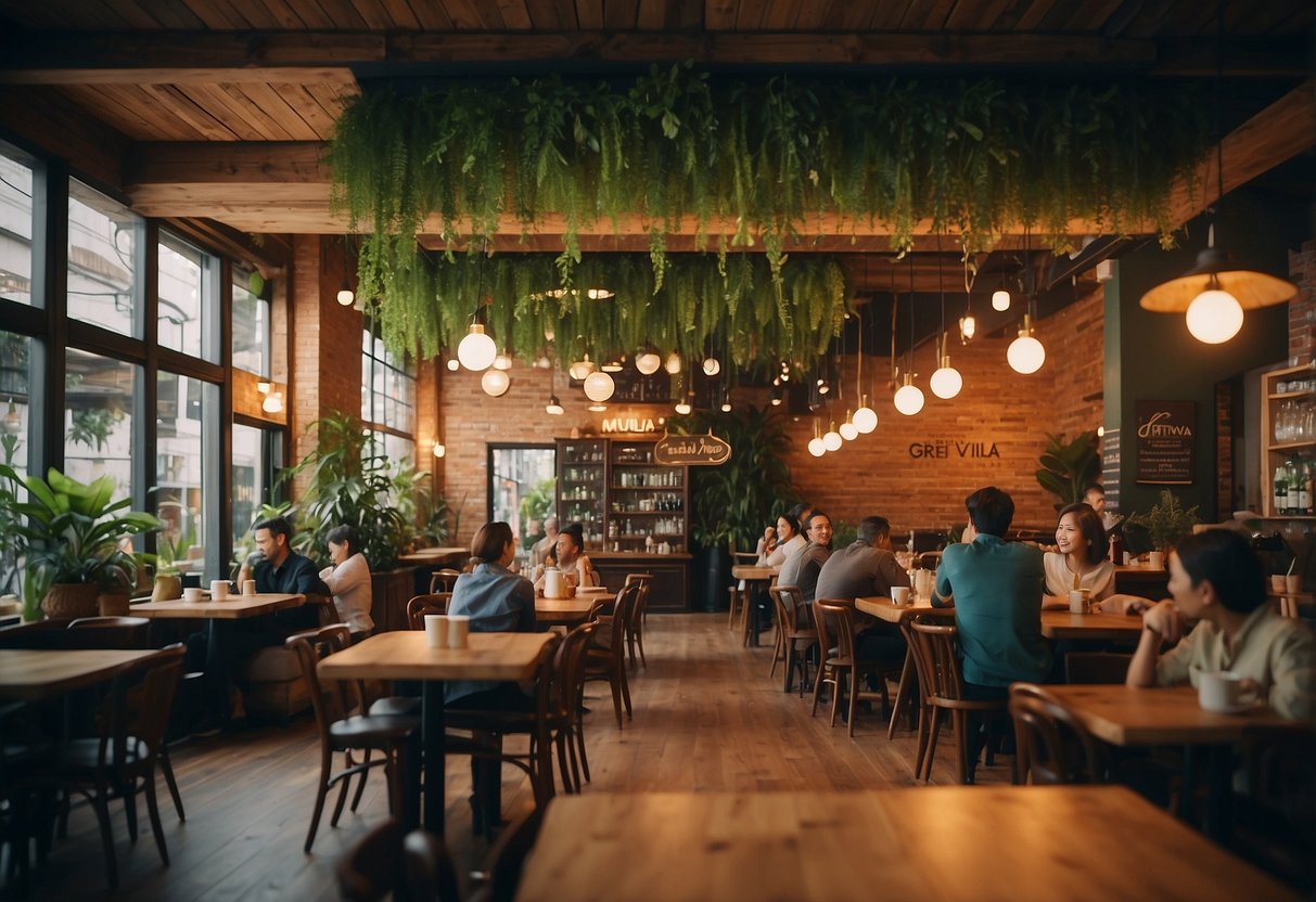 Customers sit at wooden tables, sipping tea and chatting. Green plants hang from the ceiling, creating a cozy atmosphere. Tea Villa Cafe sign hangs outside
