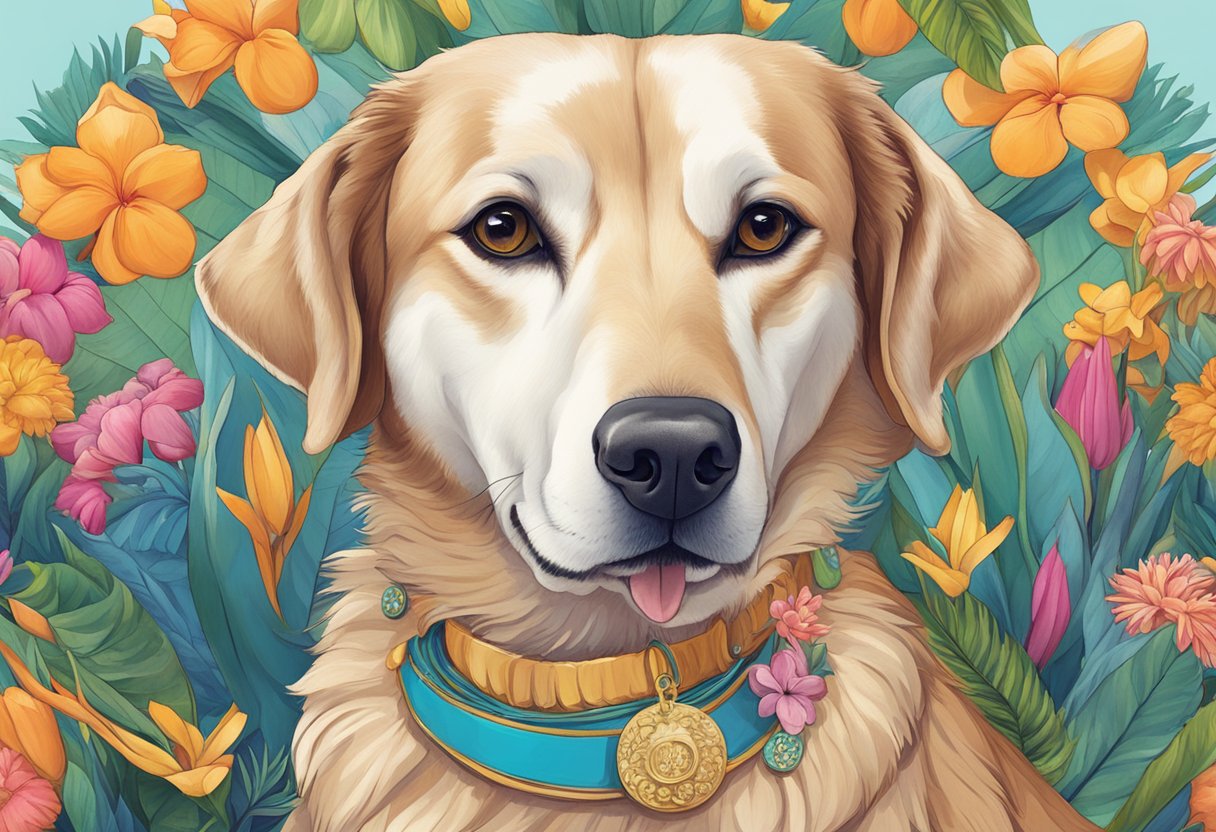 A colorful array of exotic flowers surrounds a regal-looking female dog, who sits proudly with a name tag reading "Exotic."