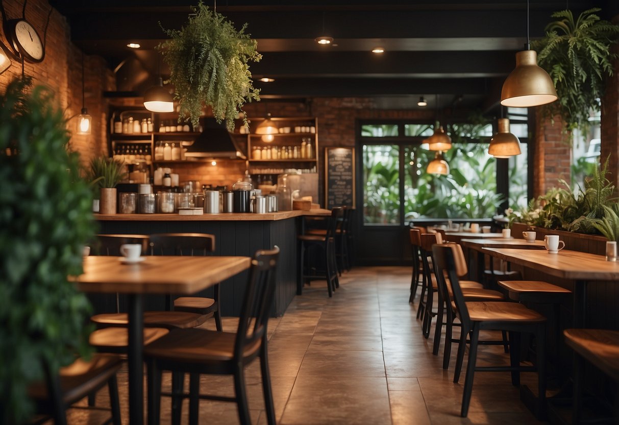 A cozy cafe with lush greenery, wooden furniture, and warm lighting. A menu board and tea displays add to the inviting atmosphere