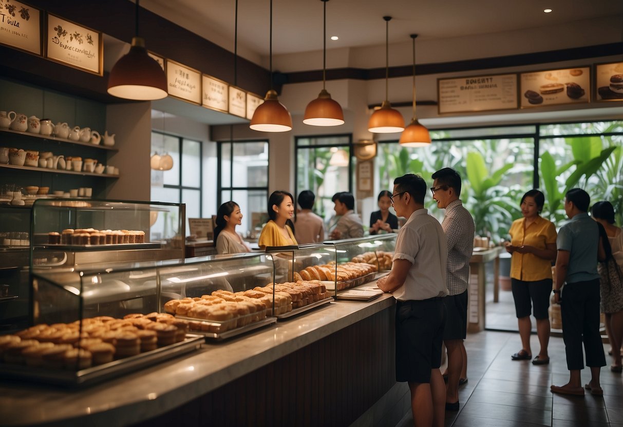 Customers line up at the counter, while staff members serve tea and pastries at the cozy Tea Villa Cafe in Singapore