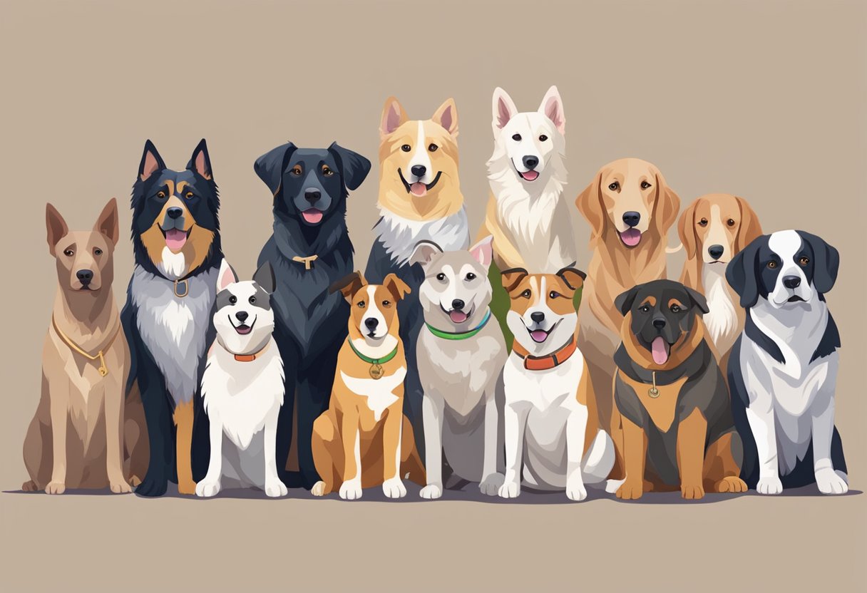 A diverse group of dogs with unique names, representing different genders and cultures, stand together in a welcoming and inclusive environment
