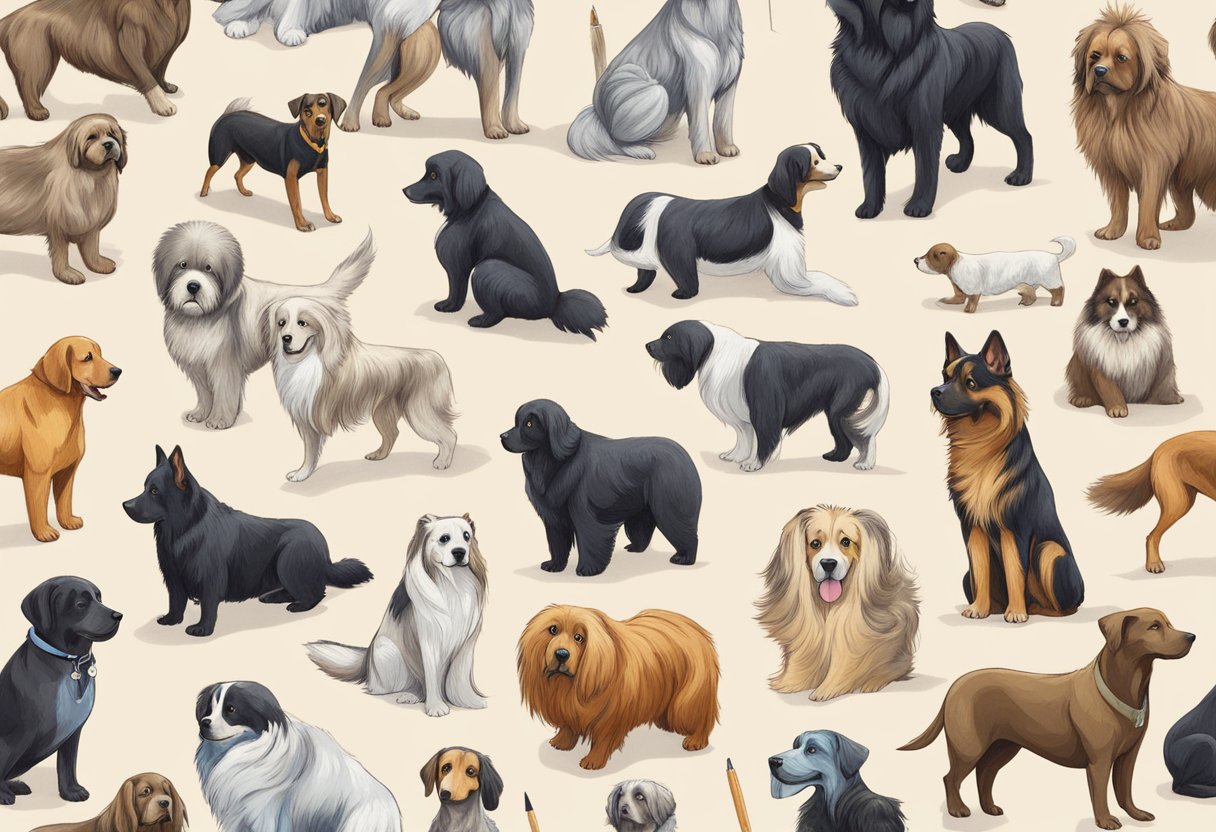 A variety of exotic dog breeds sit beside a list of unique and interesting names. A person holds a pen, ready to choose the perfect name for their furry friend