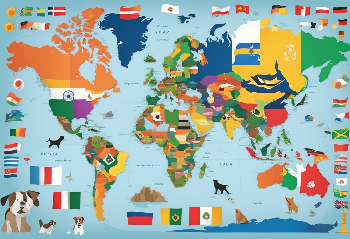 A colorful map with flags and symbols representing different countries, surrounded by a variety of dog breeds in vibrant and exotic settings