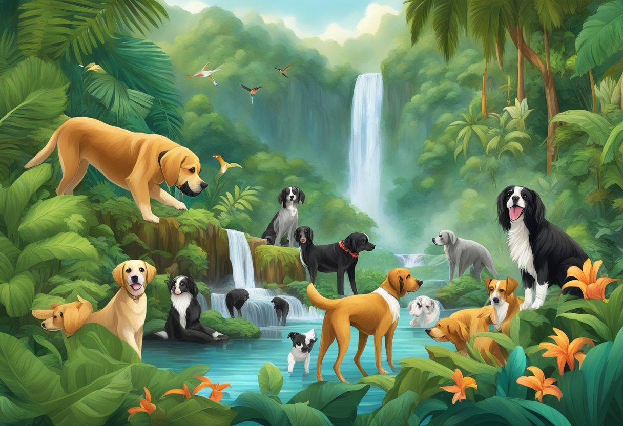 A lush jungle setting with vibrant flora and fauna, a majestic waterfall cascading in the background, and a diverse array of exotic dogs frolicking and playing together