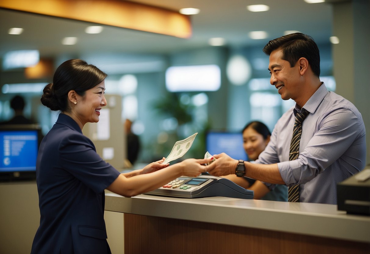 A bank teller accepts a time deposit from a customer at a Singapore bank branch. The customer hands over cash or a check to the teller, who processes the transaction and issues a receipt