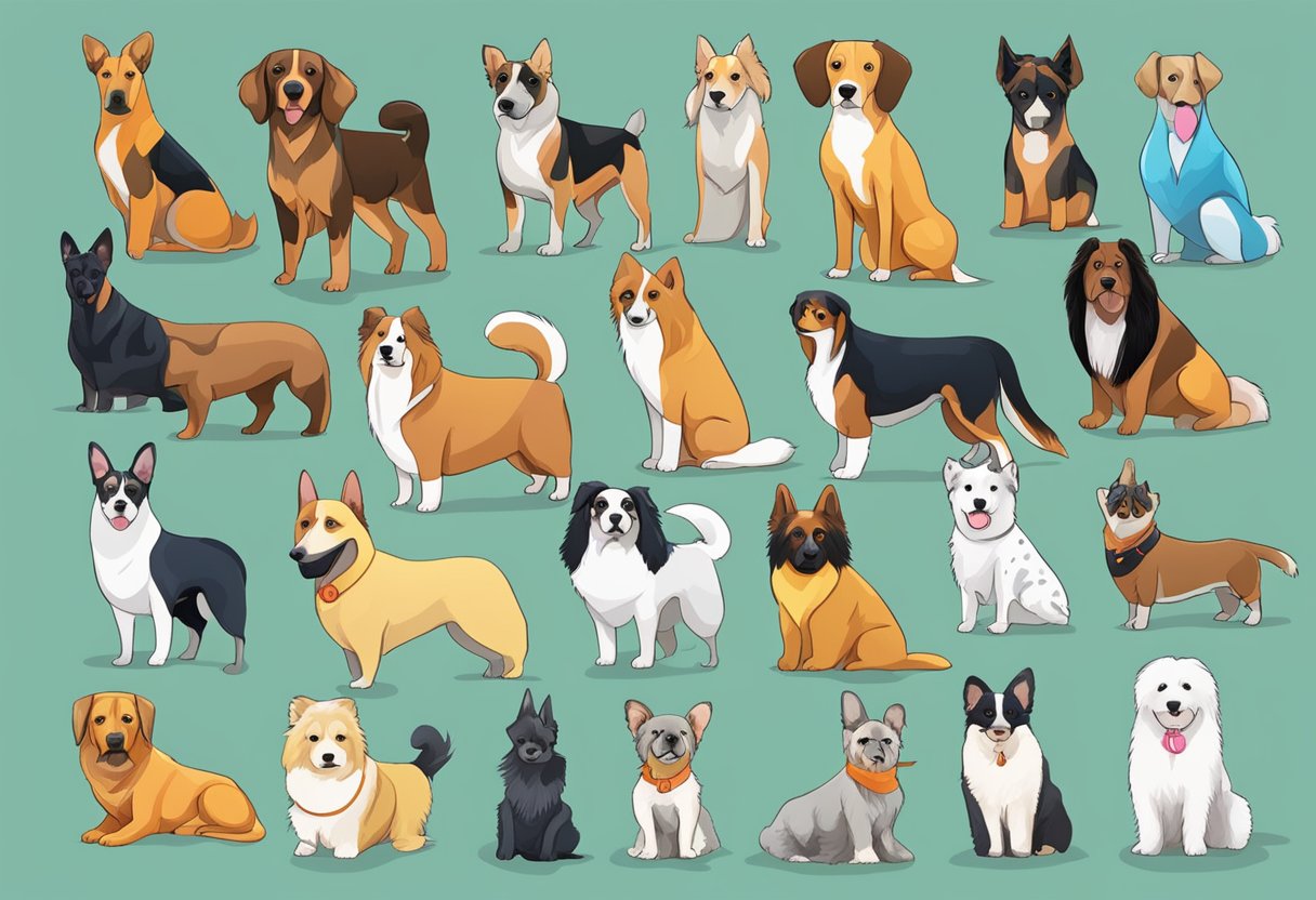 A colorful array of exotic dog breeds with name tags displayed, each with a unique meaning