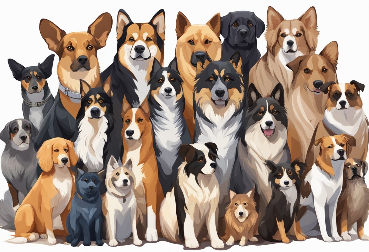 A group of exotic dogs of various breeds and sizes are gathered together, each with a unique and interesting name displayed above them