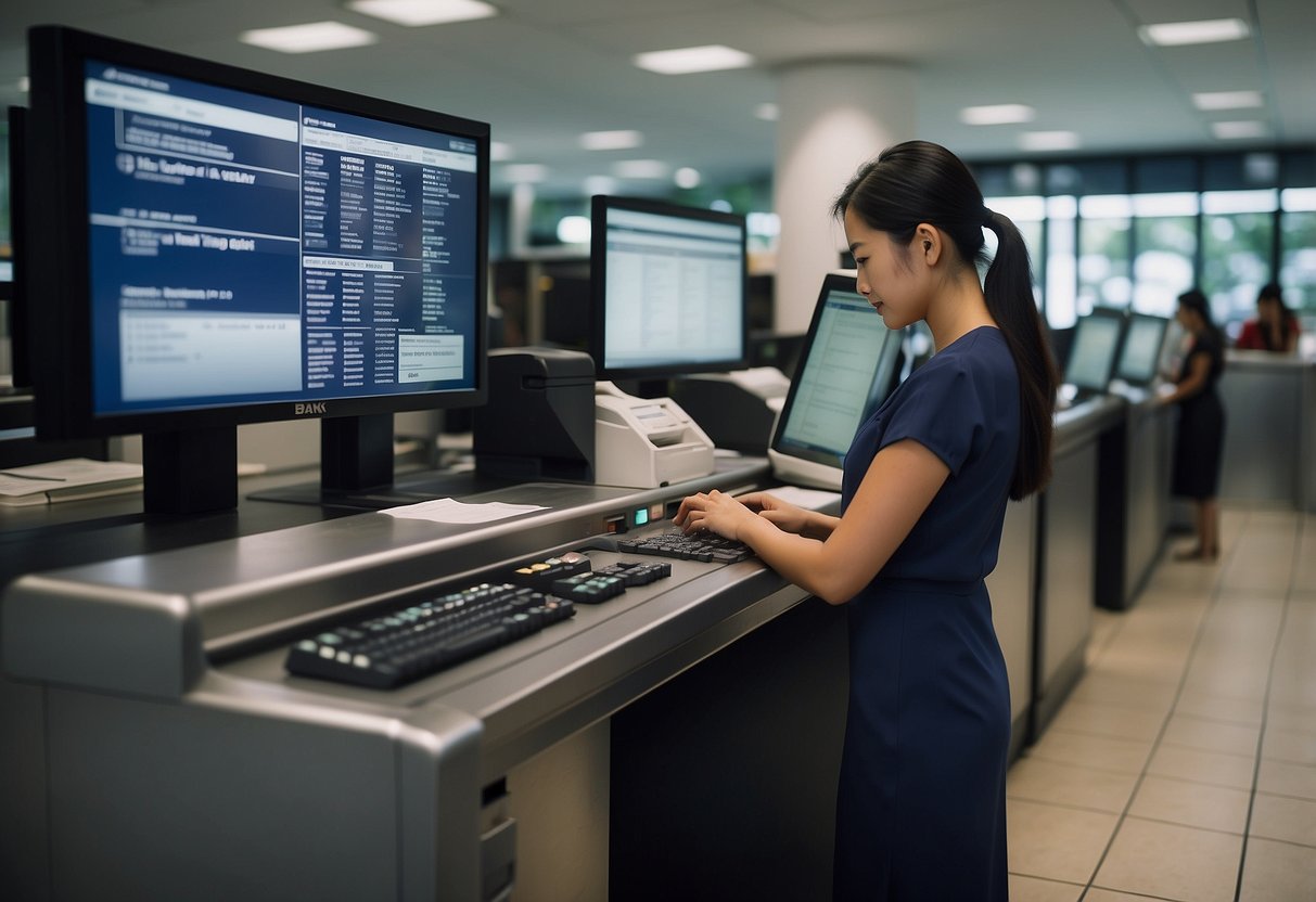 A bank teller processes a time deposit application in Singapore. The customer fills out forms while the teller inputs information into the computer system