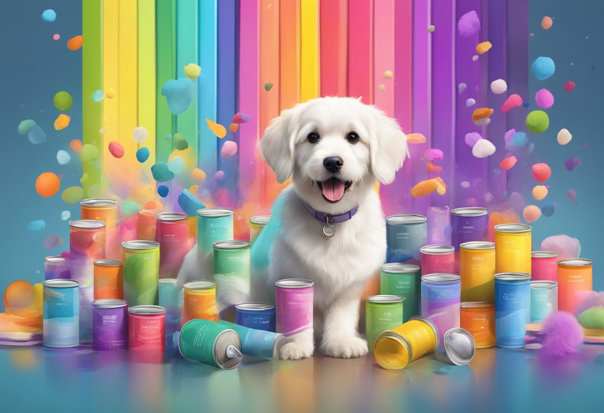 A colorful palette of paint tubes and a fluffy dog surrounded by vibrant hues, with a rainbow of color-inspired names floating above