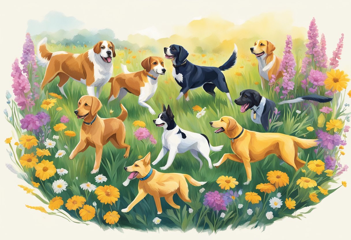 A colorful array of dogs, each named after a different vibrant hue, playfully romp through a field of wildflowers