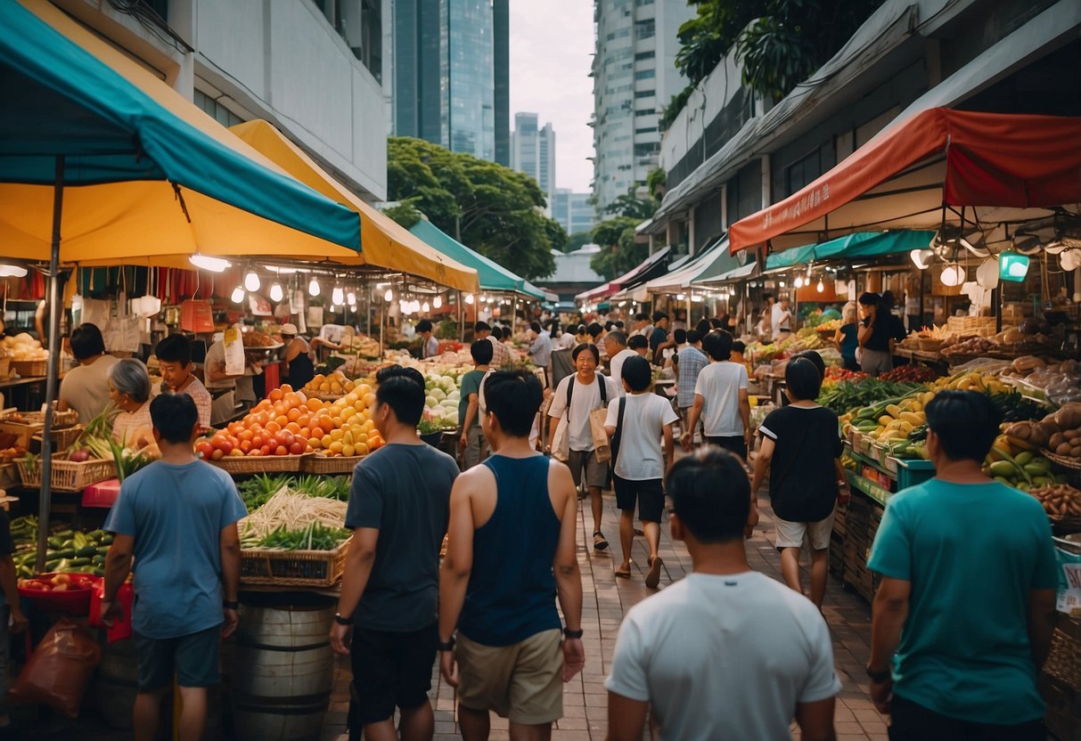 A bustling marketplace in Turf City, Singapore, with colorful stalls, vibrant signage, and a diverse array of people and goods