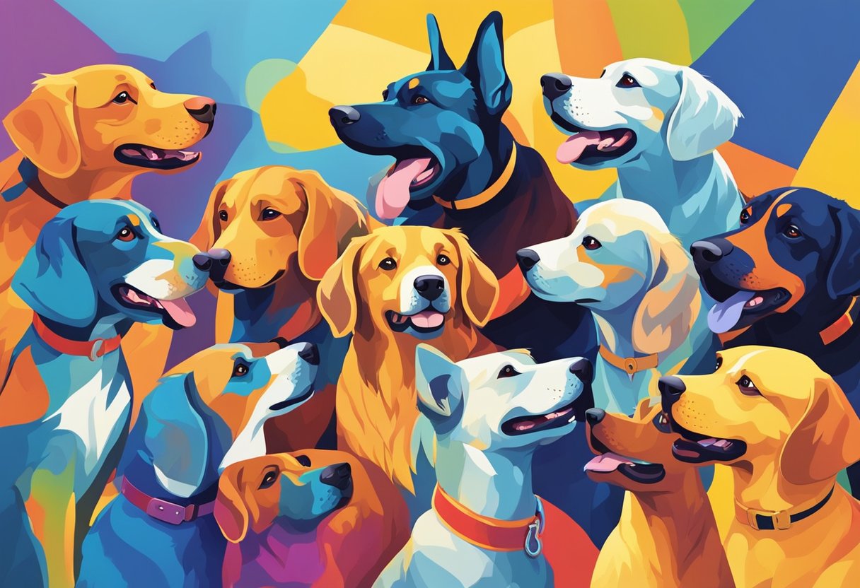 A group of dogs in various colors, like red, blue, and yellow, are playing together in a vibrant and colorful setting