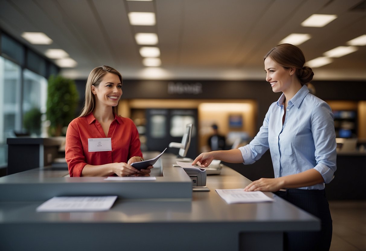 A person standing at a bank counter, pointing to a brochure on time deposit accounts. The bank teller is explaining the different options available