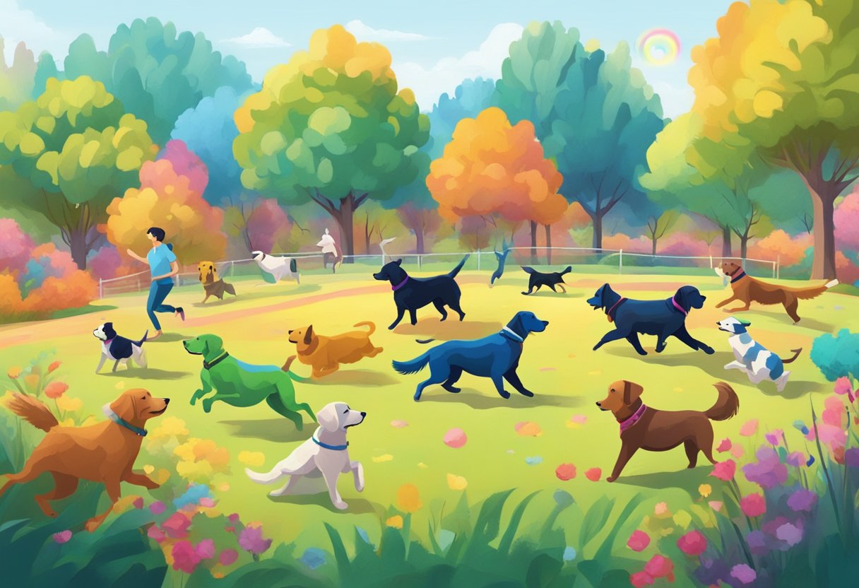 A colorful dog park with vibrant pups of all shades playing and running. A rainbow of hues inspired by unique color names for canines