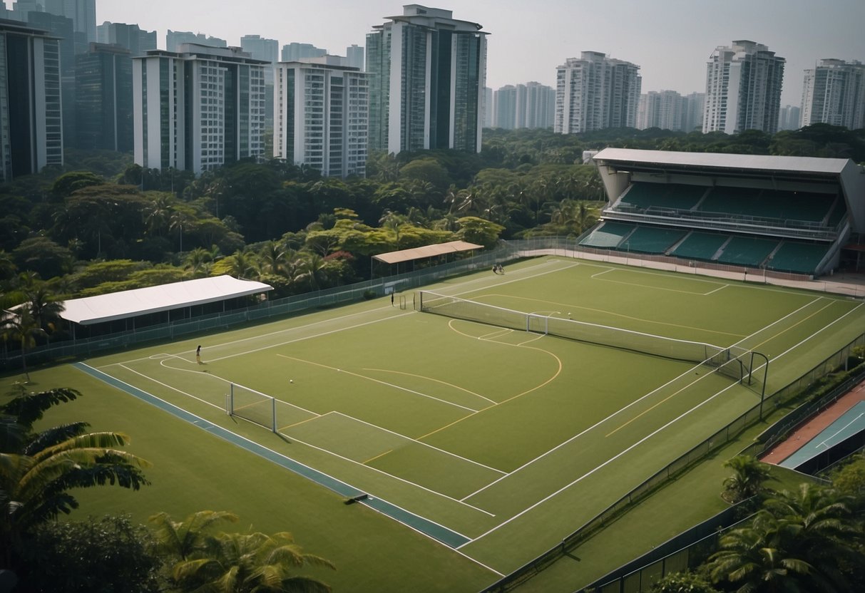 The scene depicts a modern complex with sports fields, recreational facilities, and various amenities surrounded by lush greenery at Turf City, Singapore
