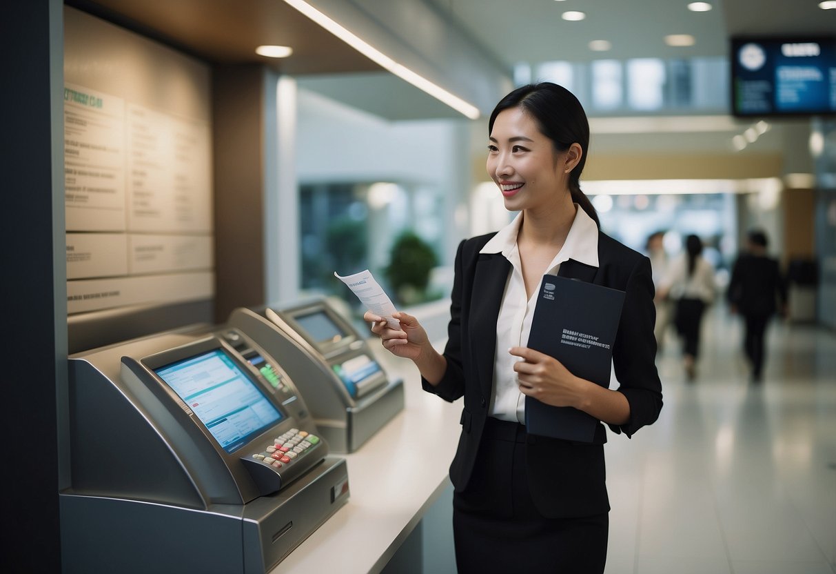 A person standing in front of a bank teller, asking questions about time deposit in Singapore. The teller is explaining and pointing to a brochure