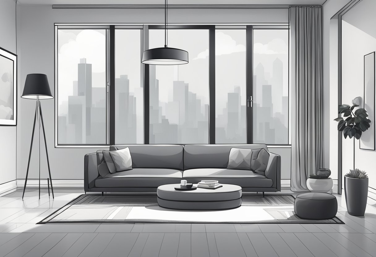 A sleek, modern living room with a monochromatic color scheme. A stylish dog bed sits in the corner, surrounded by minimalist decor in shades of grey