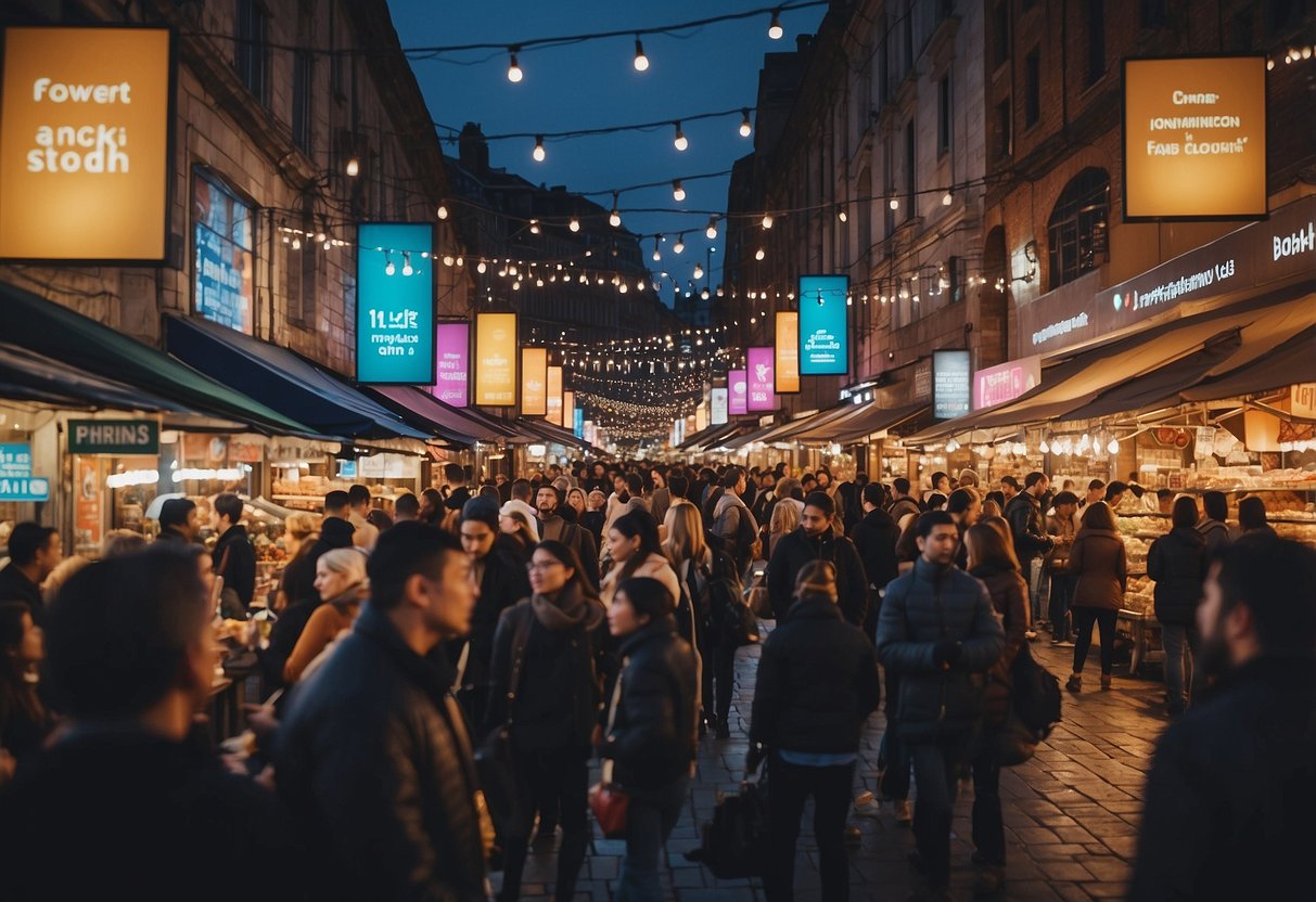 A bustling marketplace with colorful signage and busy patrons seeking information at information booths