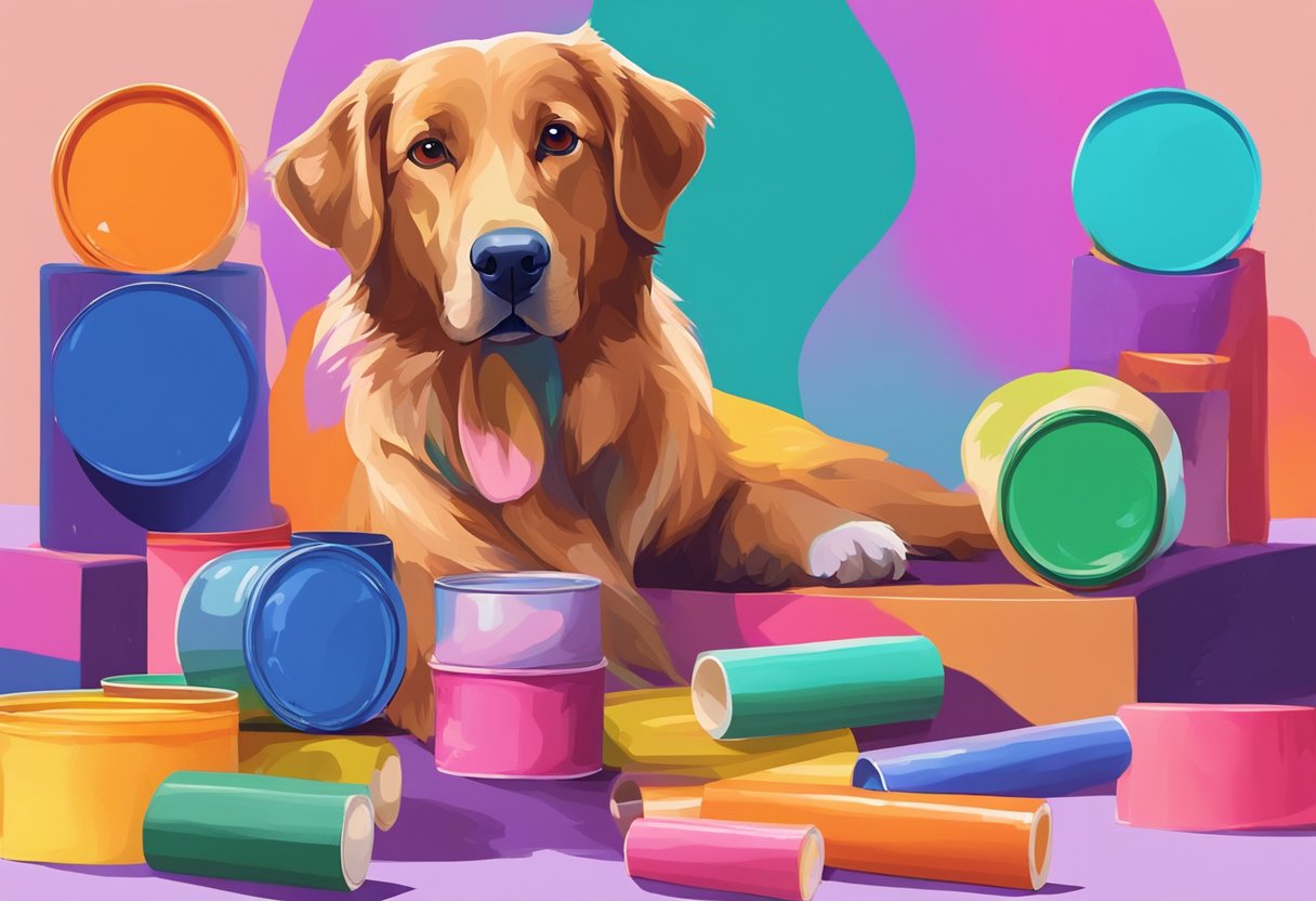 A colorful palette of paint tubes and a playful dog surrounded by vibrant hues