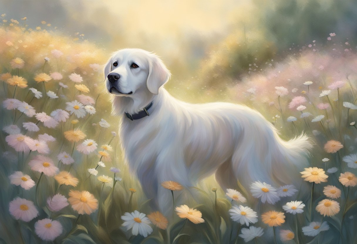 A gentle breeze rustles through a field of delicate pastel flowers, casting a soft, ethereal glow on a group of peacefully resting dogs