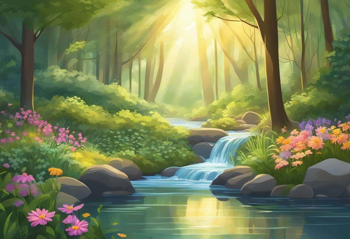 A serene forest clearing, with sunlight filtering through the trees. A colorful array of flowers and plants surround a calm, flowing stream