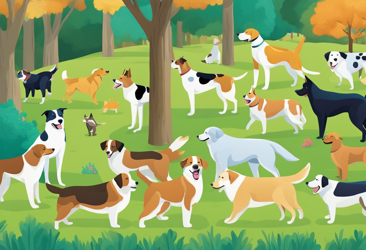 A group of dogs with different temperaments play in a vibrant, color-filled park, each representing their unique personalities through their actions and interactions