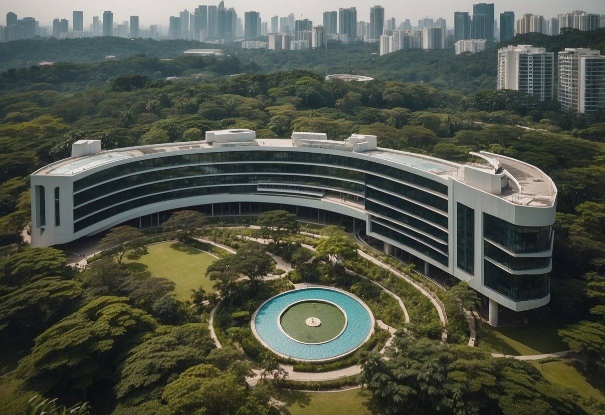 Aerial view of UWC Singapore campus with modern buildings and lush greenery