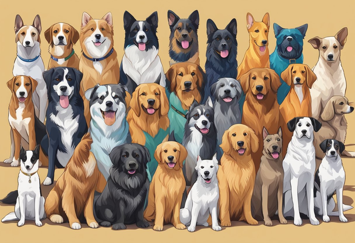 A variety of dogs representing different breeds and color combinations, with color-inspired names displayed alongside each dog