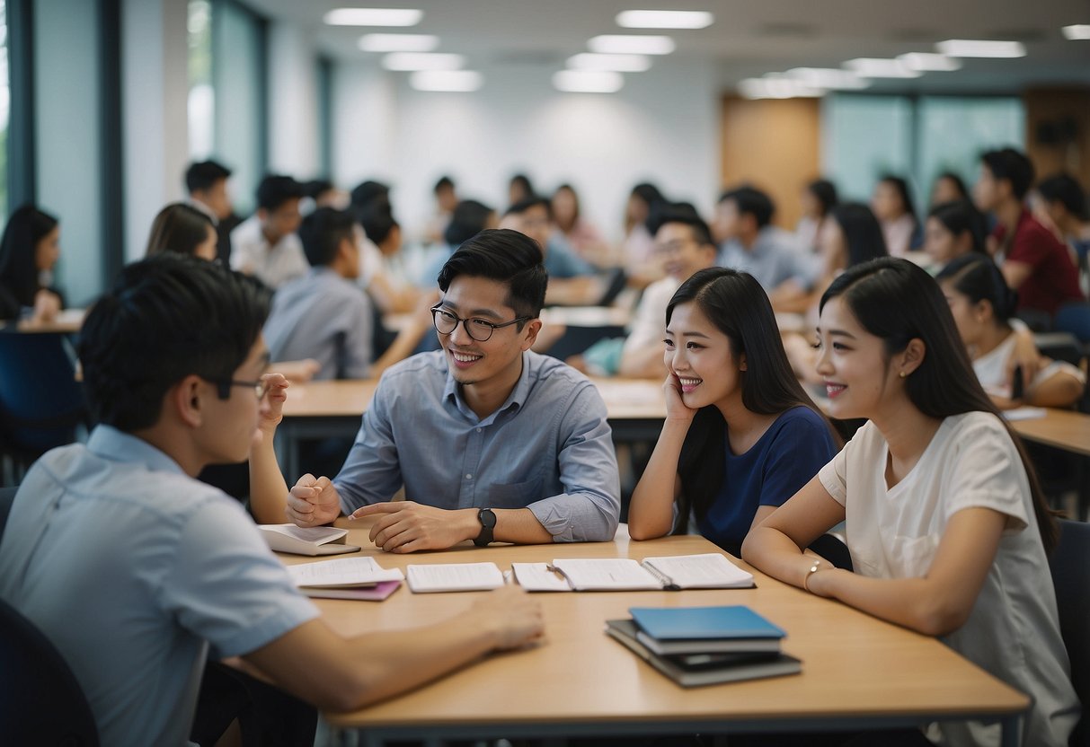 A bustling classroom at UWC Singapore, with students engaged in discussions and group work, surrounded by colorful educational materials and technology