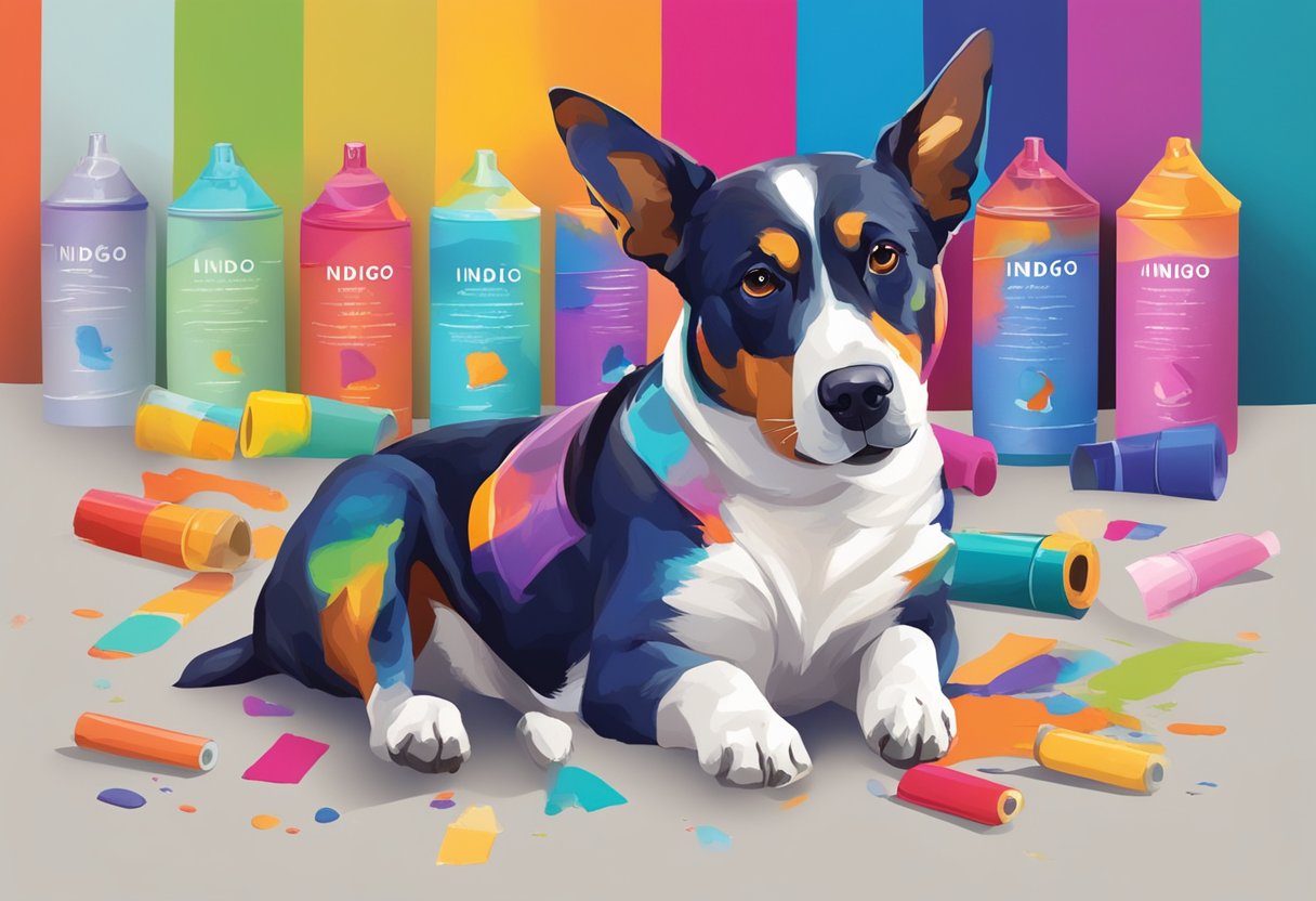 A colorful palette of paint tubes and a playful dog surrounded by vibrant hues, with a name tag reading "Indigo" or "Crimson."