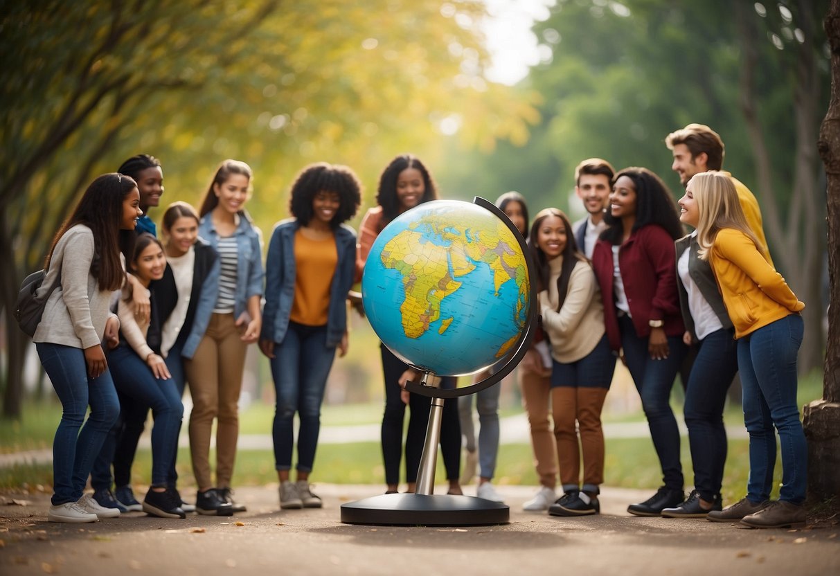 A diverse group of students gather around a globe, symbolizing global unity and collaboration. The school's values of diversity, sustainability, and social responsibility are reflected in the surrounding environment