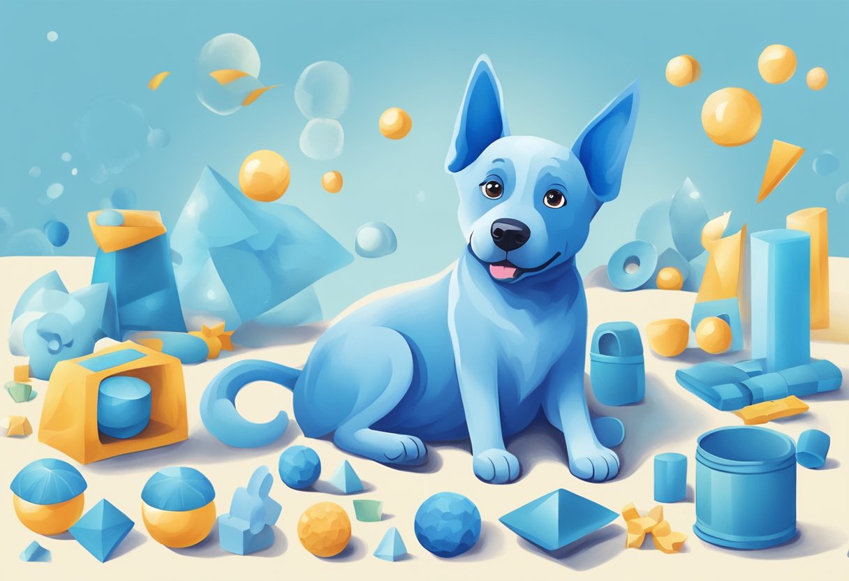 A playful blue dog surrounded by various blue objects and a serene blue background
