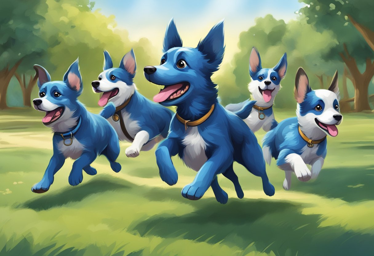 A group of playful blue dogs running and wagging their tails in a park