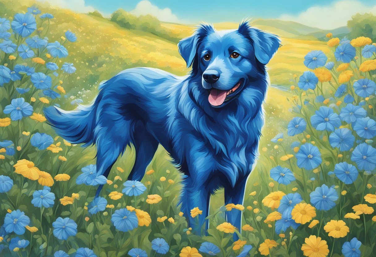 A vibrant blue dog standing in a field of blue flowers, with a clear blue sky and a shimmering blue river in the background