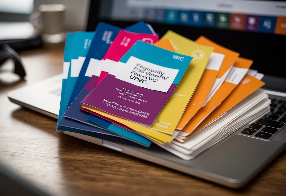 A stack of colorful brochures with "Frequently Asked Questions UWC Singapore" on the cover, surrounded by a laptop, pen, and notepad