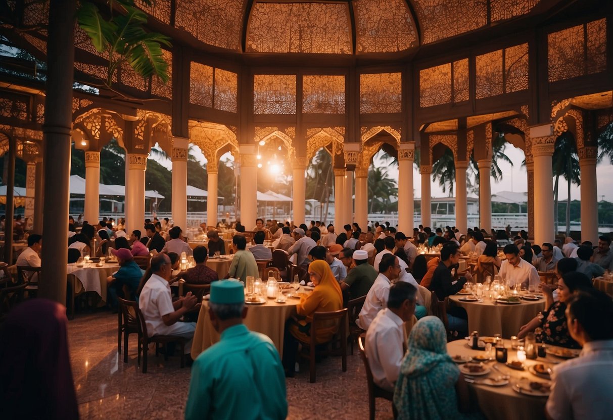 A colorful mosque in Singapore at sunset, with people gathering for iftar. Tables set with traditional Malay and Middle Eastern dishes