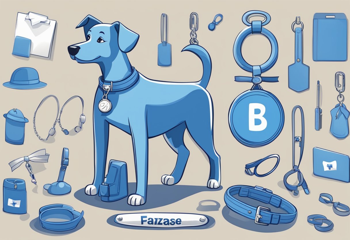 A female blue dog standing proudly with a collar, surrounded by blue objects and a name tag