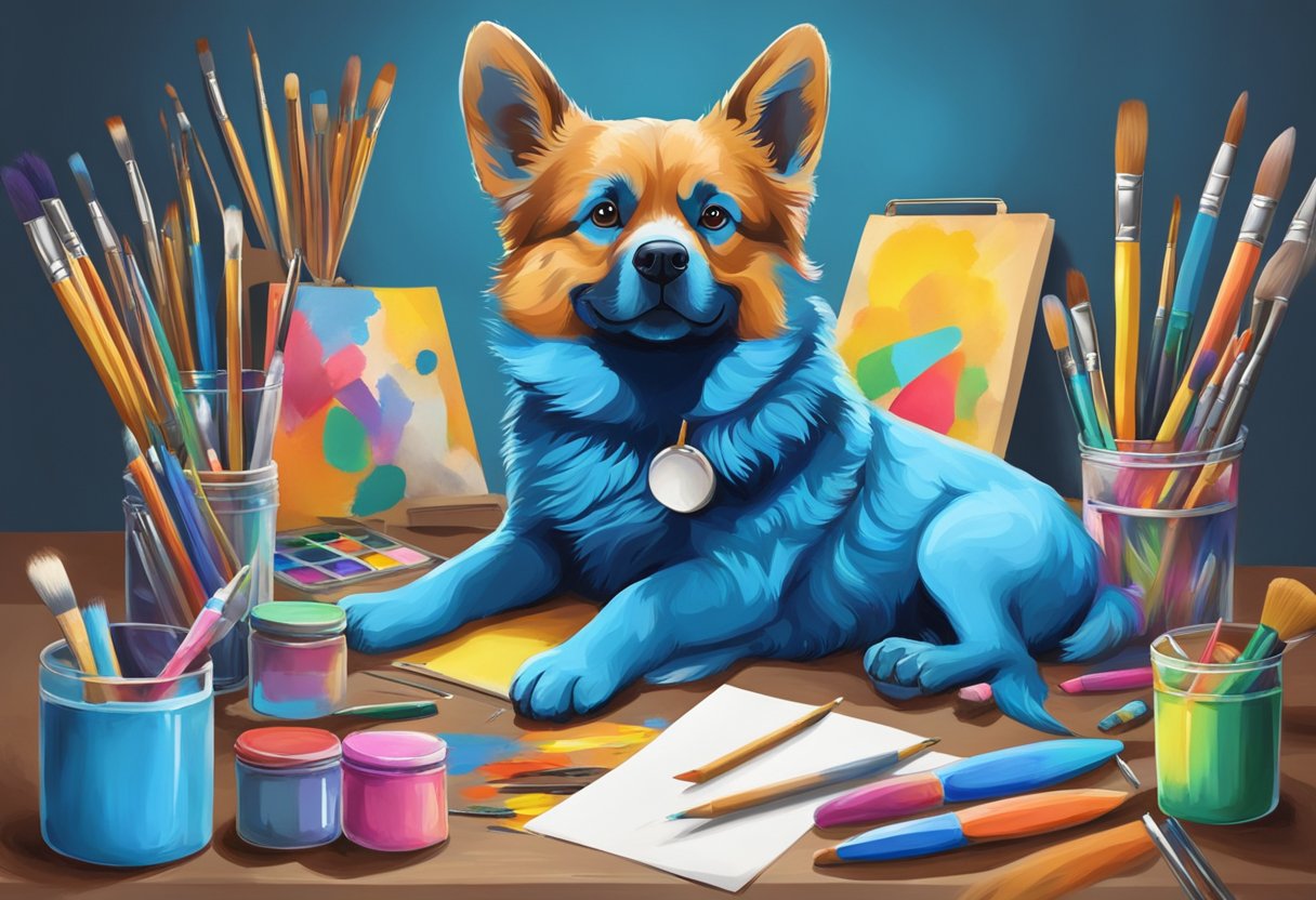 A blue dog with a vibrant, creative energy, surrounded by colorful paintbrushes and art supplies